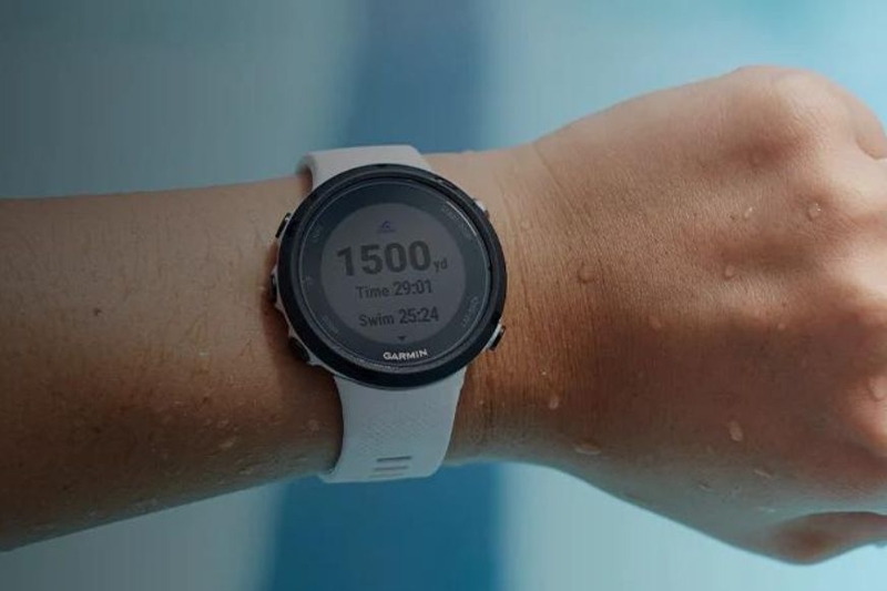 The Garmin Swim 2 is seen during swim training.